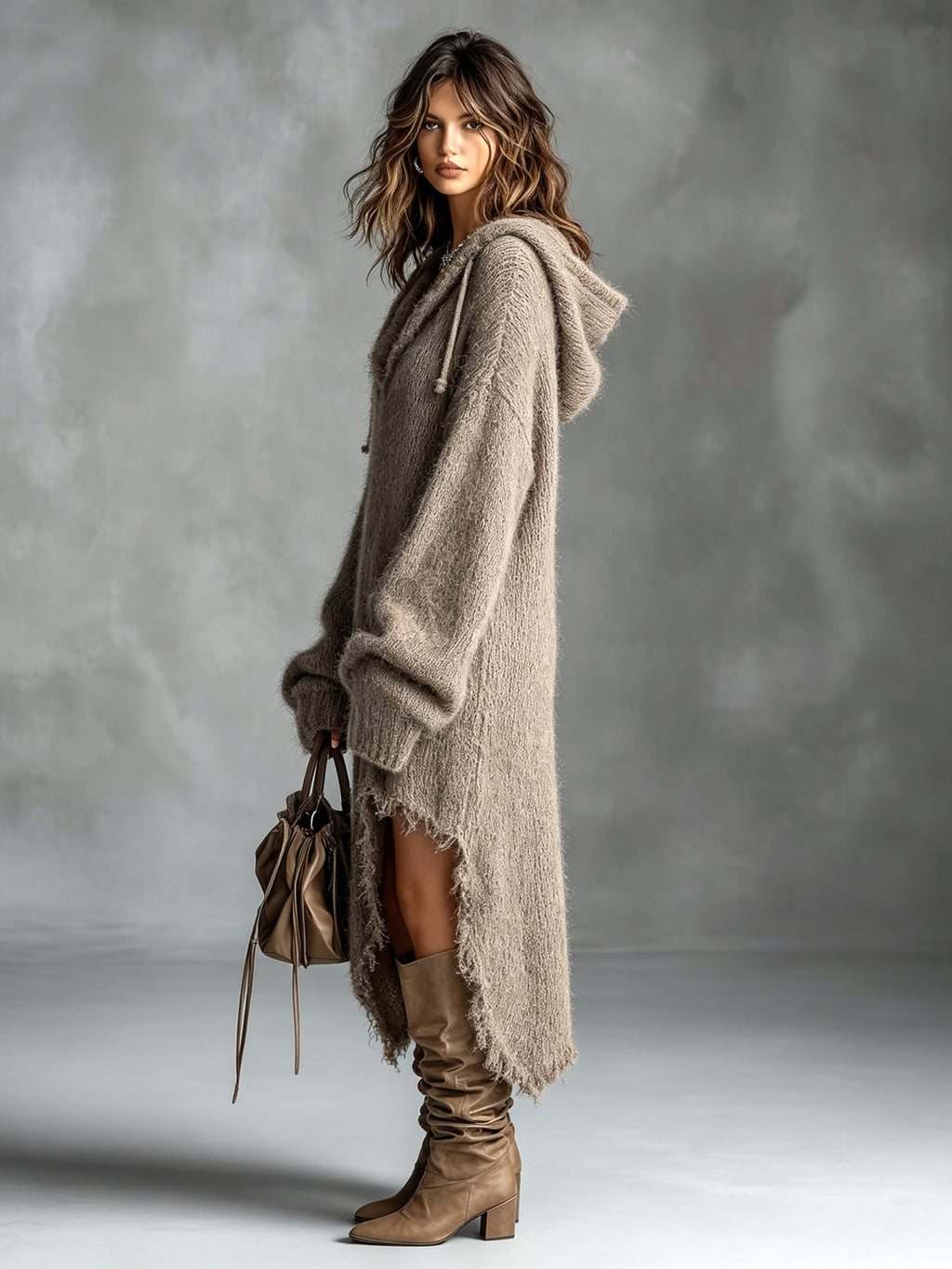 Vestido Midi Chic Elegante Café Oversize con Capucha, Hombros Caídos y Dobladillo Asimétrico en Punto Esponjoso