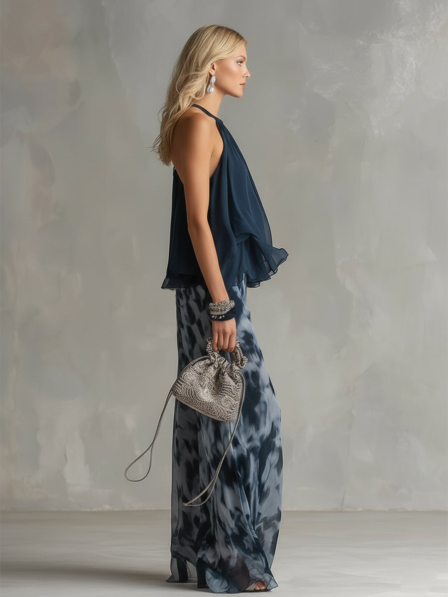 Ludovica | Conjunto de top halter azul marino elegante y pantalón ancho estampado