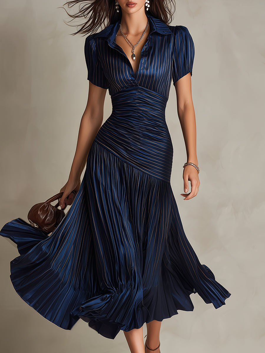Adriana - Vestido Midi de Satén a Rayas Retro