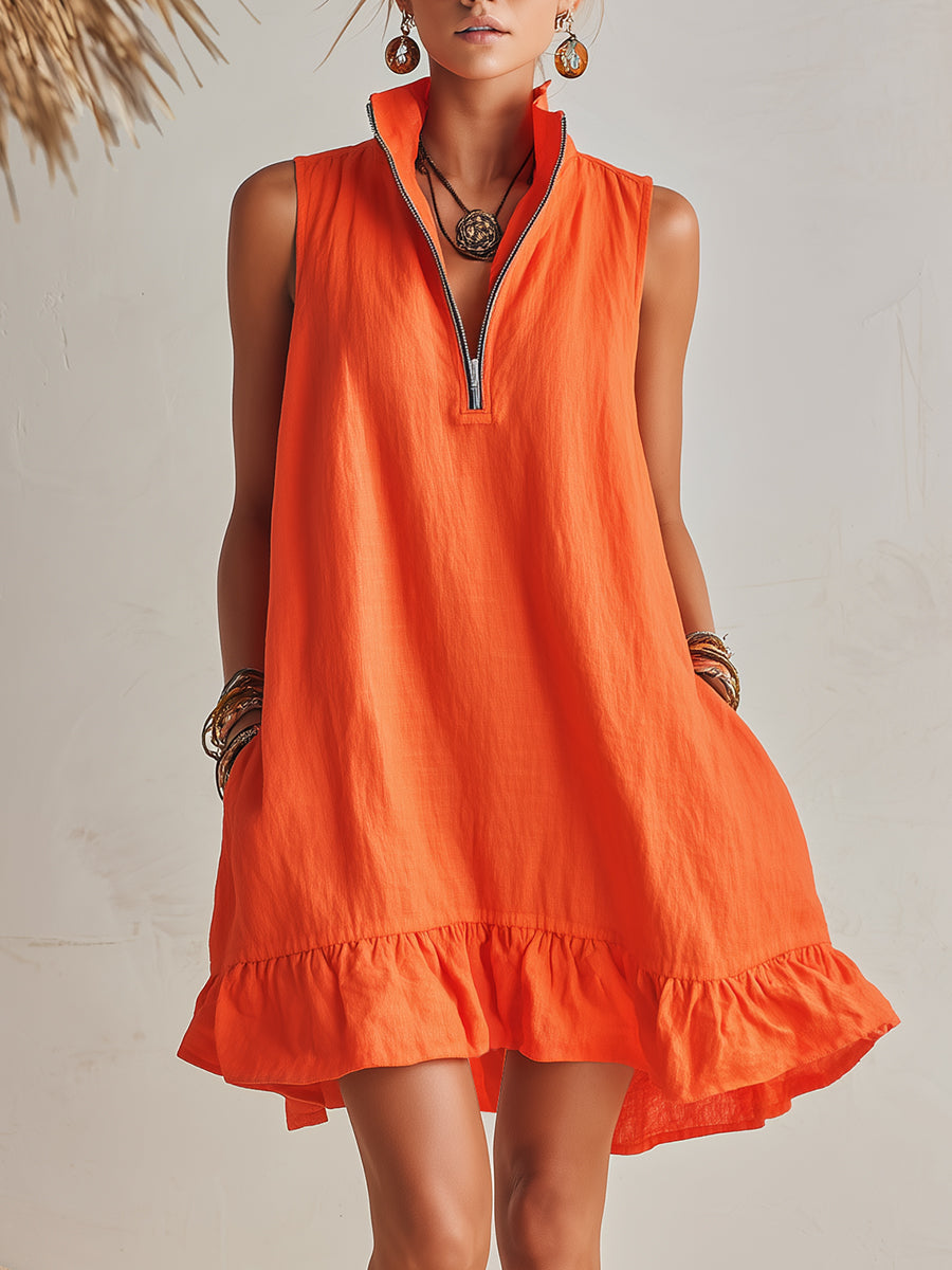Mini Vestido Naranja de Resort de Algodón-Lino con Cuello Alto, Media Cremallera y Dobladillo con Volantes