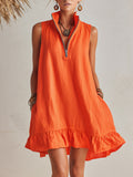 Mini Vestido Naranja de Resort de Algodón-Lino con Cuello Alto, Media Cremallera y Dobladillo con Volantes