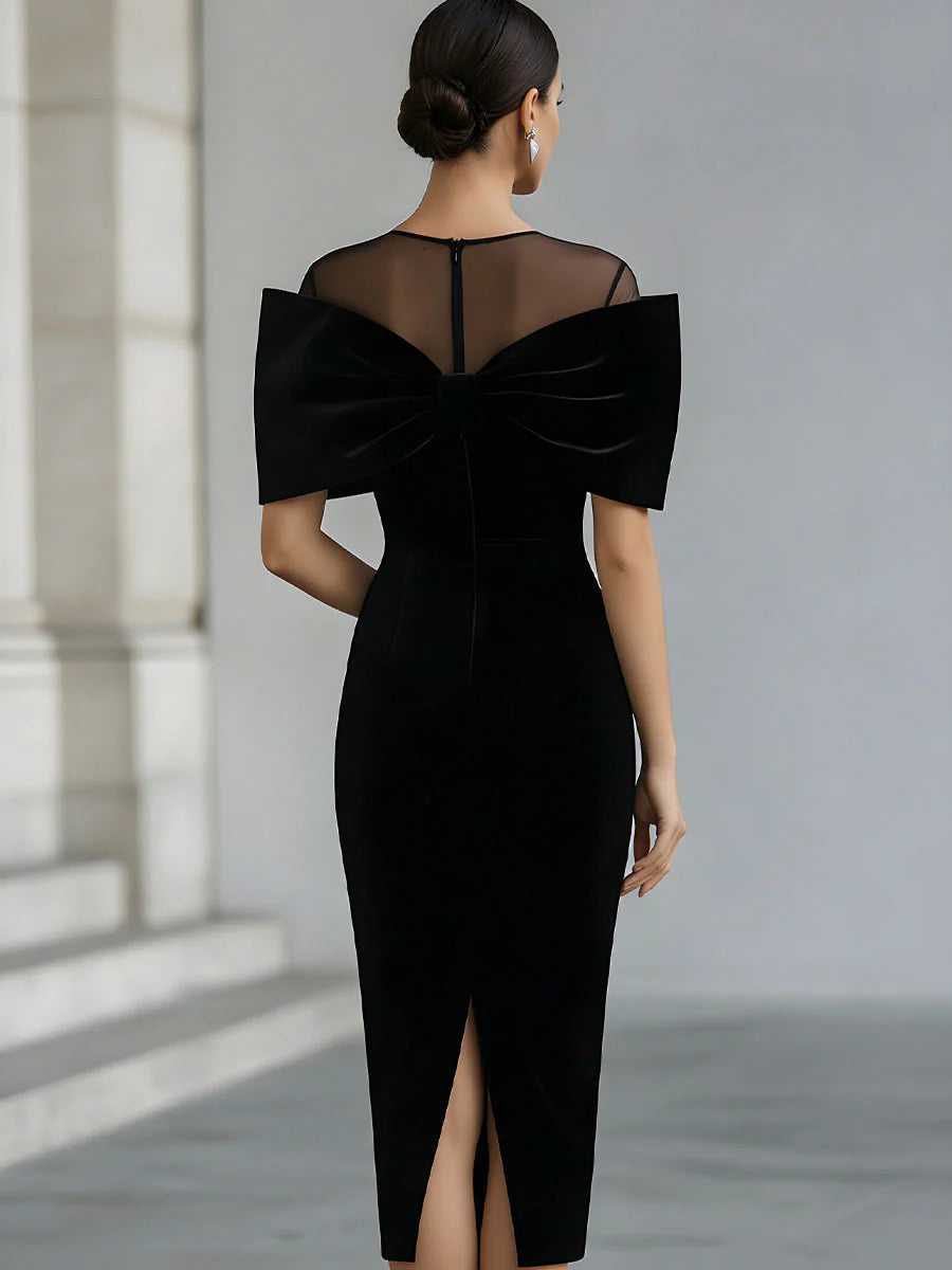 Vestido Midi de Terciopelo Negro con Lazo Dramático