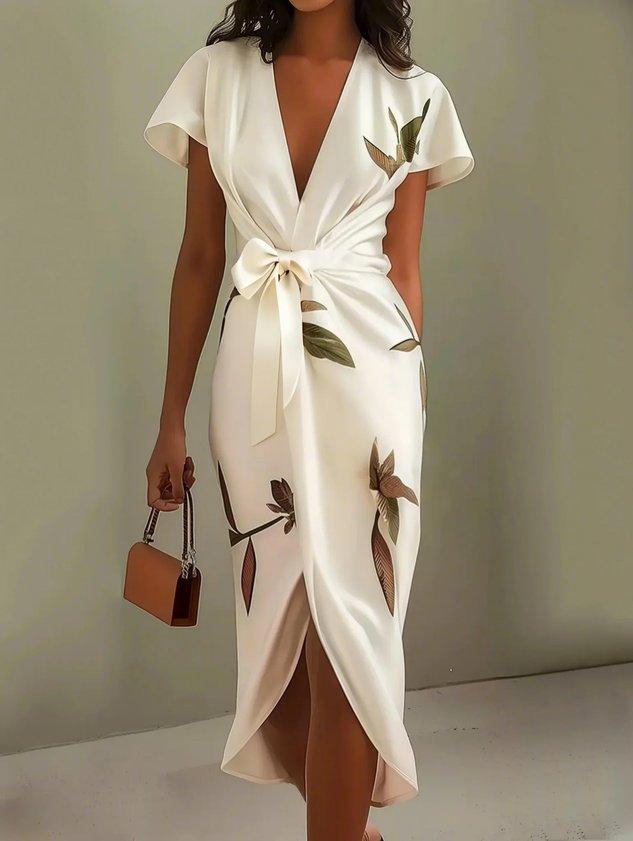 Vestido Midi Satinado Blanco con Estampado de Hojas y Manga Corta