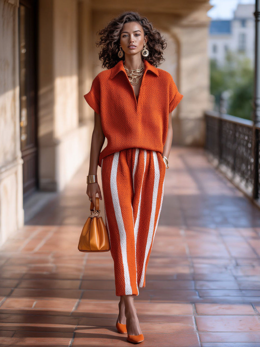 Set de Dos Piezas Chic Elegante Naranja y Blanco: Suéter Colorblock con Cuello en V y Pantalón Elástico