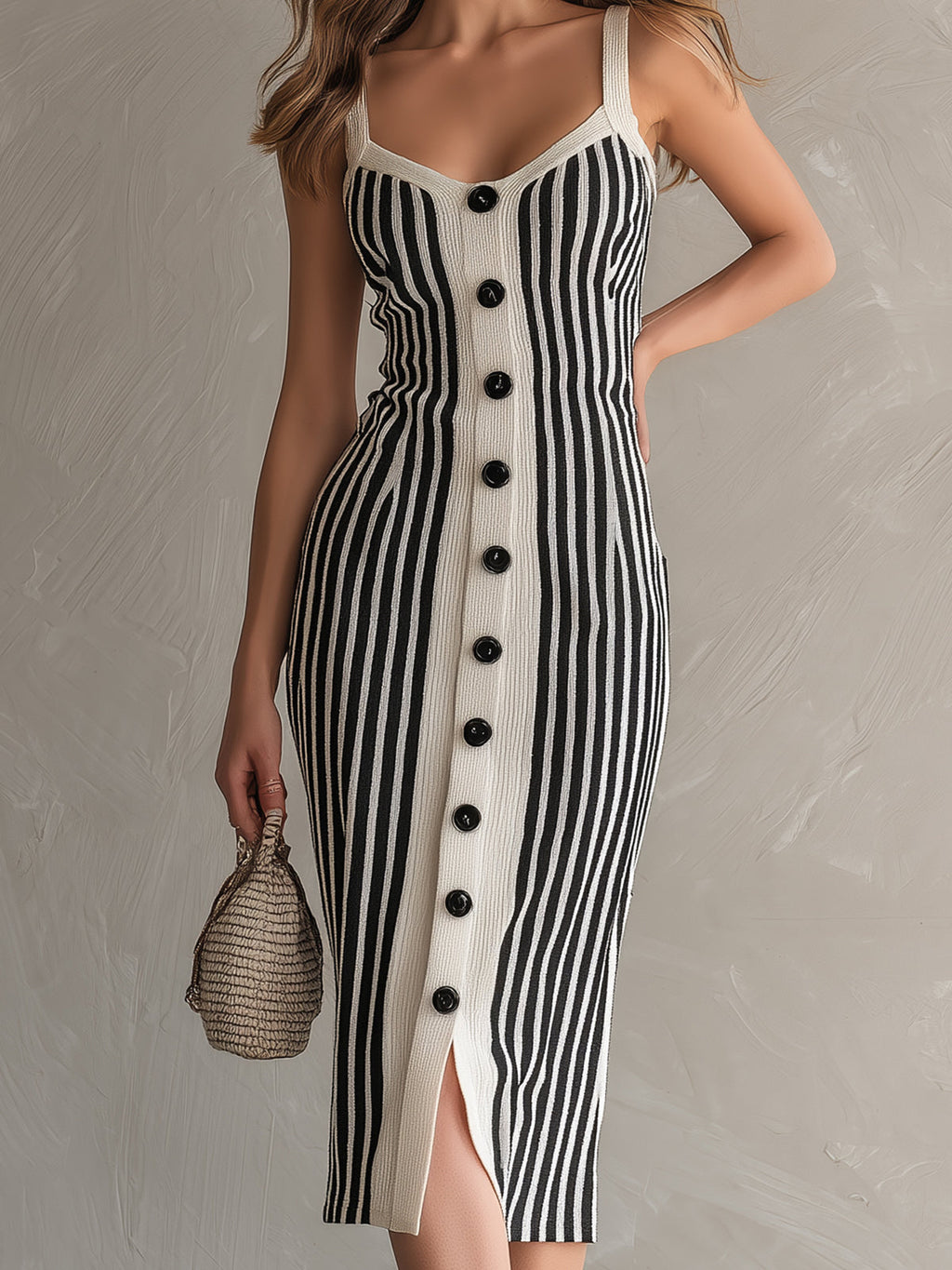 Vestido Midi Chic Elegante a Rayas Crema y Negro con Cuello Cuadrado y Botonadura