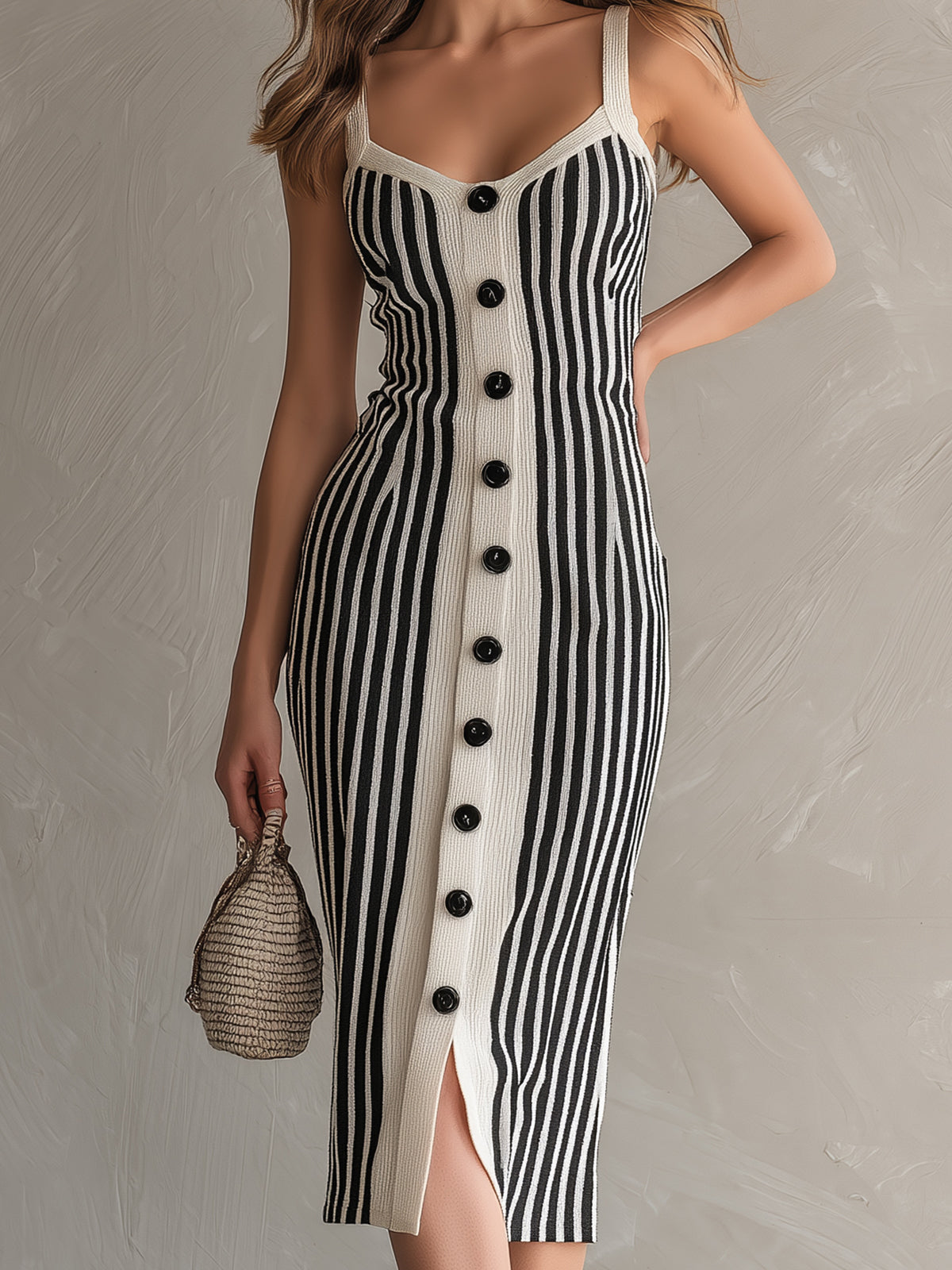 Vestido Midi Chic Elegante a Rayas Crema y Negro con Cuello Cuadrado y Botonadura