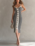 Vestido Midi Chic Elegante a Rayas Crema y Negro con Cuello Cuadrado y Botonadura