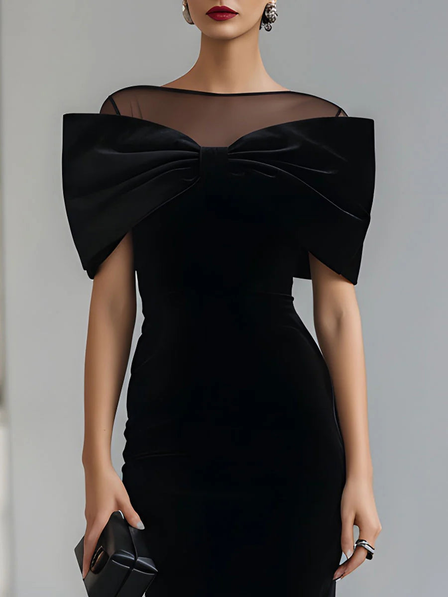 Vestido Midi de Terciopelo Negro con Lazo Dramático