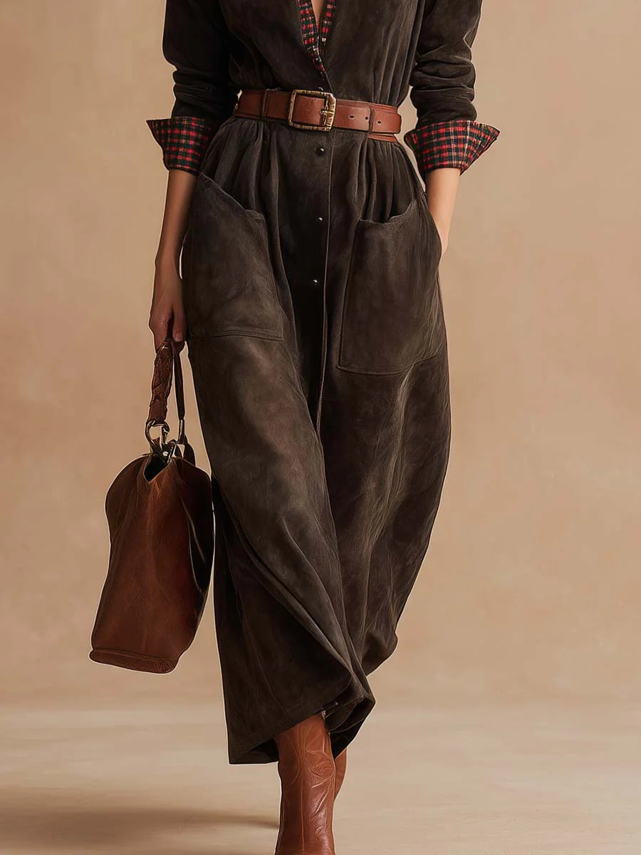 Vestido Retro Café Oscuro de Ante con Cuadros Patchwork (Cinturón Incluido)