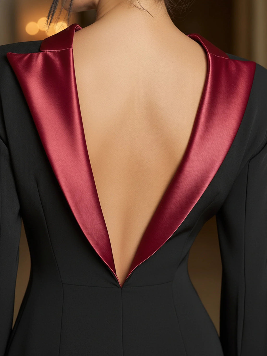 Vestido Blazer Negro con Ribete de Satén Burdeos y Espalda Descubierta