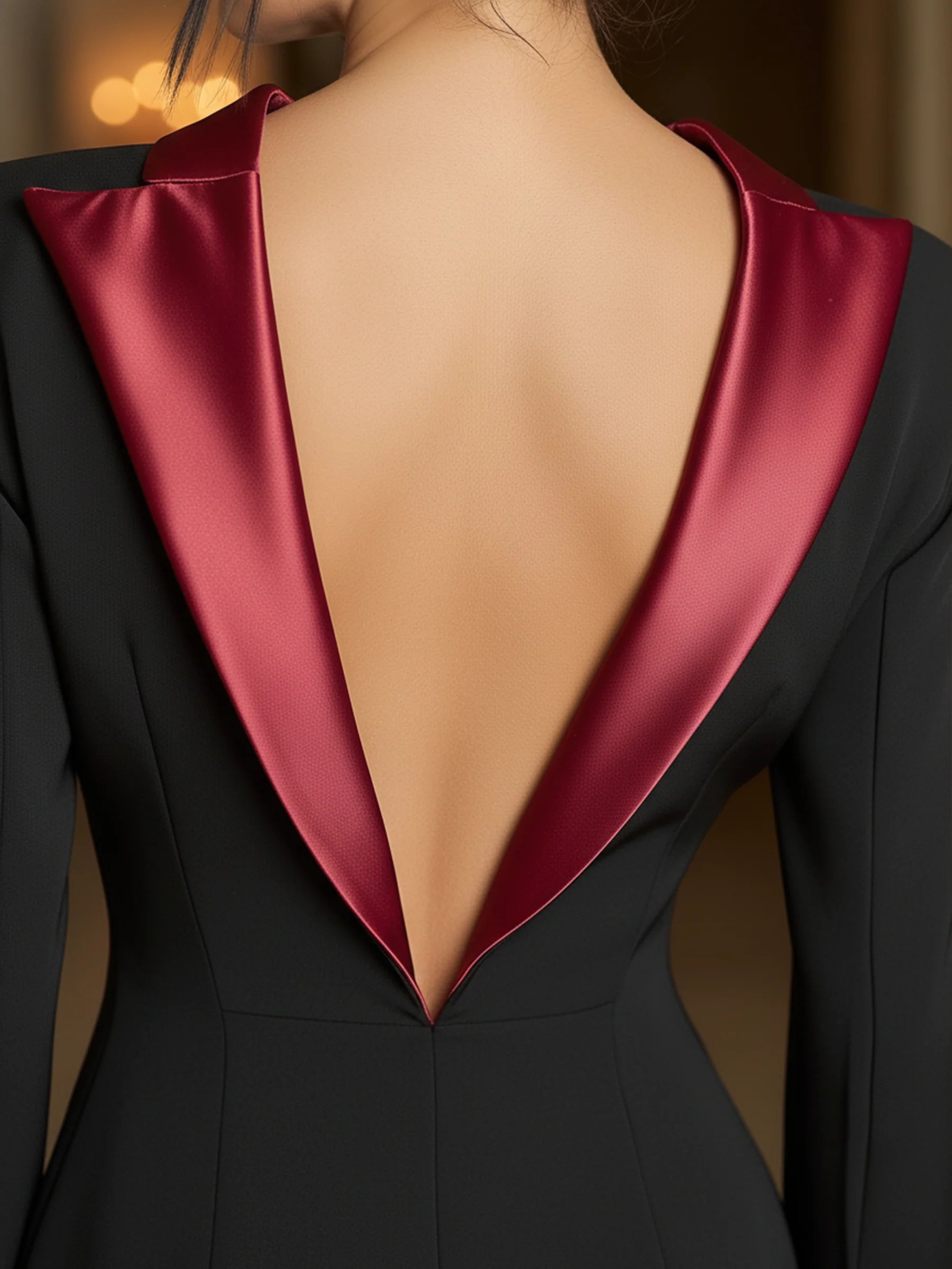 Vestido Blazer Negro con Ribete de Satén Burdeos y Espalda Descubierta