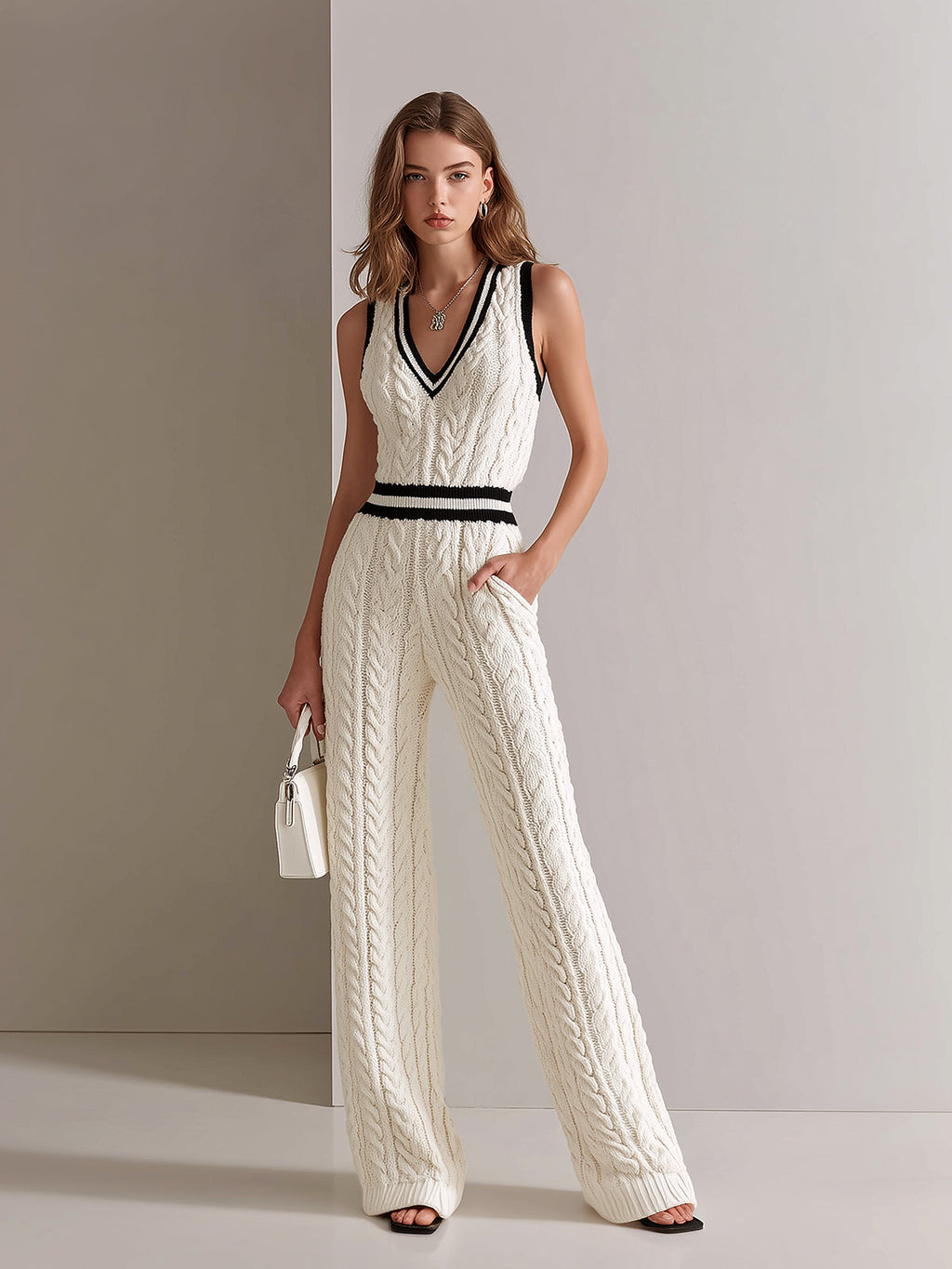 Mono Chic Elegante Blanco Crema con Cuello en V, Ribete en Contraste y Punto Cable