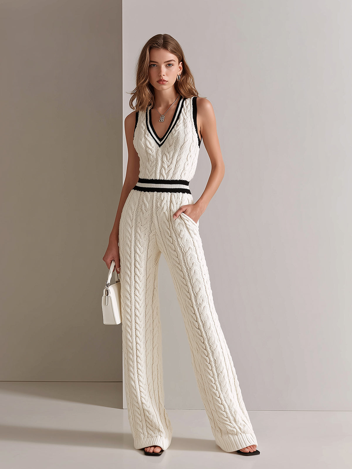 Mono Chic Elegante Blanco Crema con Cuello en V, Ribete en Contraste y Punto Cable