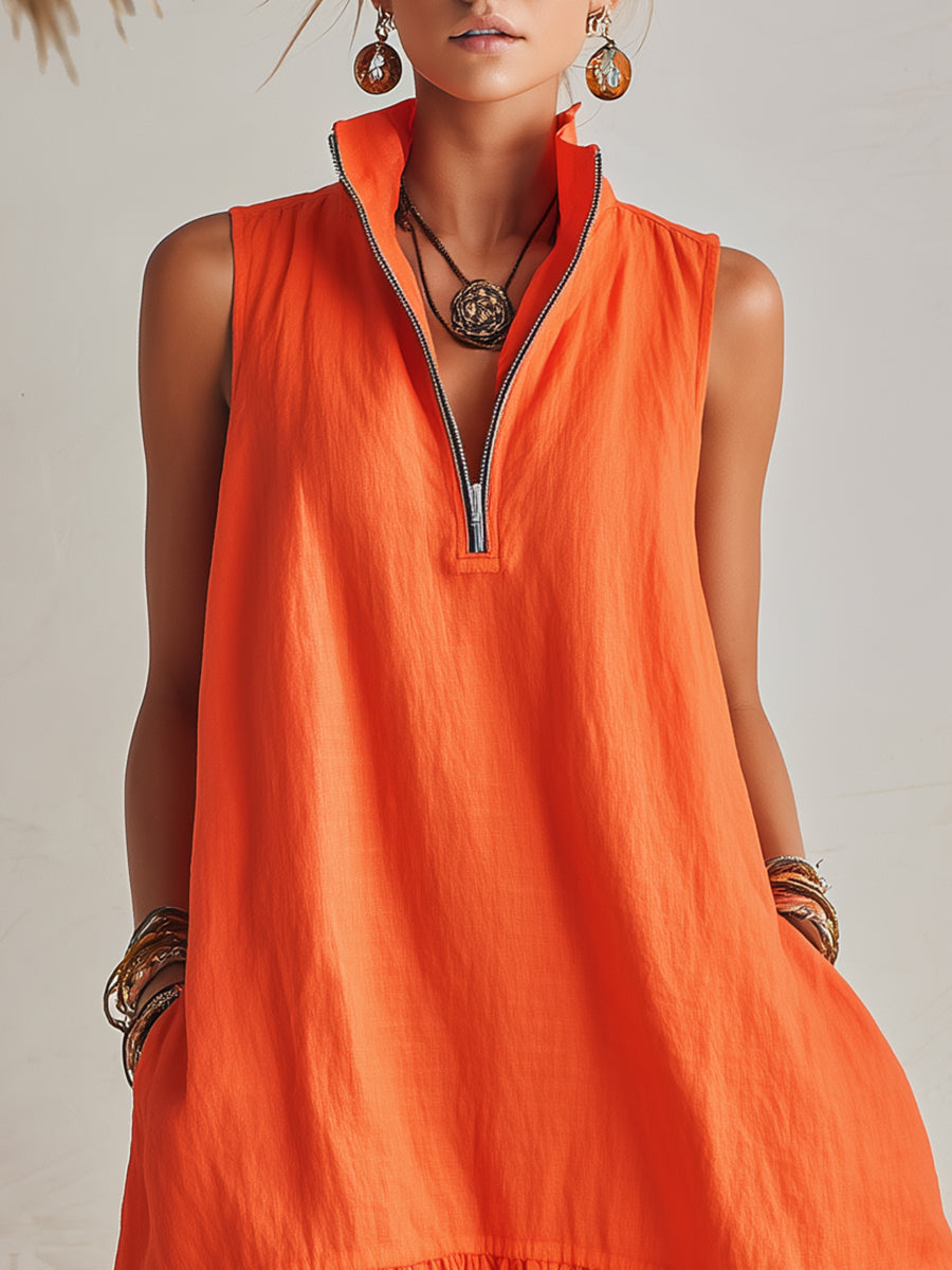 Mini Vestido Naranja de Resort de Algodón-Lino con Cuello Alto, Media Cremallera y Dobladillo con Volantes