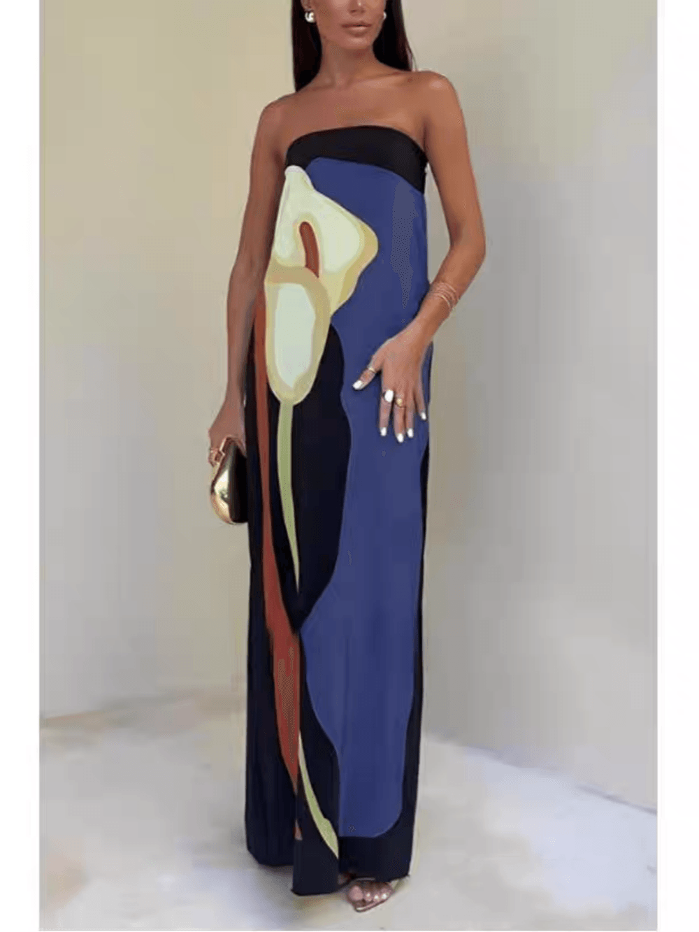 Vestido Maxi de Fiesta Estampado en Bloques de Color sin Tirantes