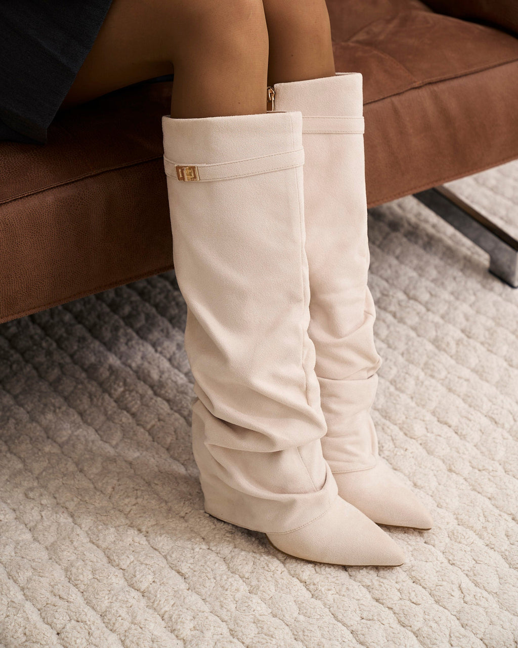 Lavista | Botas Slouchy de Ante hasta la Rodilla - Crema