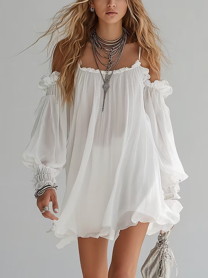 Mini Vestido Boho Fluido con Hombros Descubiertos