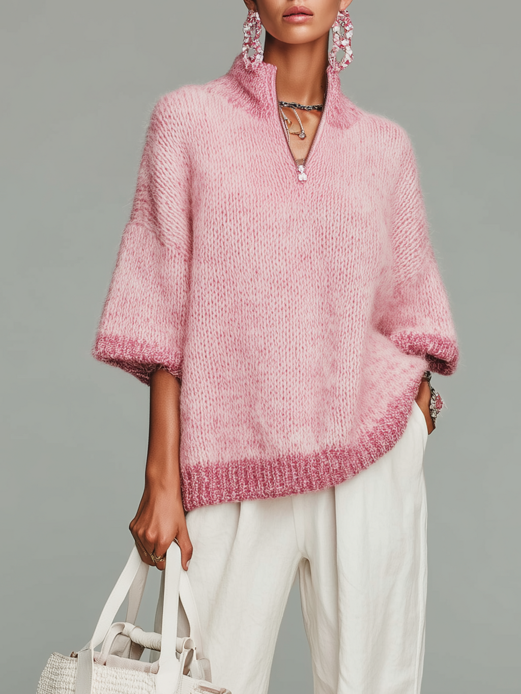 Top Suéter Casual Rosa con Cuello Alto, Cremallera y Manga Corta