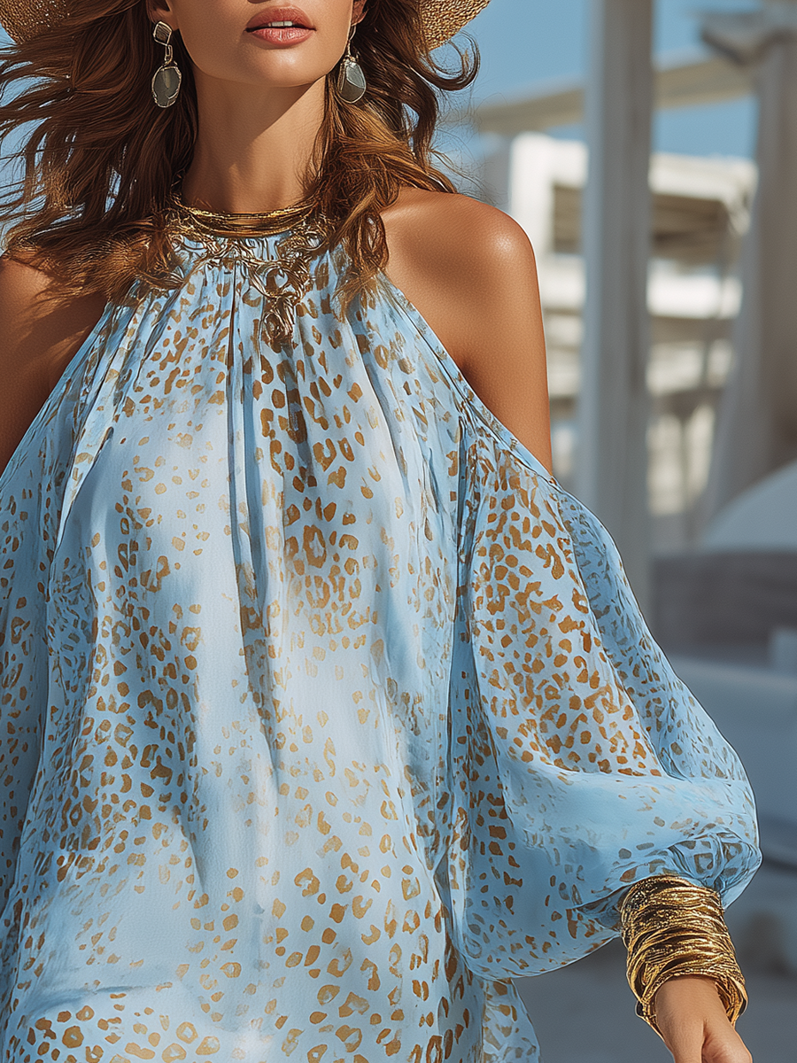 Mini Vestido Bohemio Romántico de Chiffon Azul con Manga Larga, Hombros Descubiertos y Estampado Leopardo