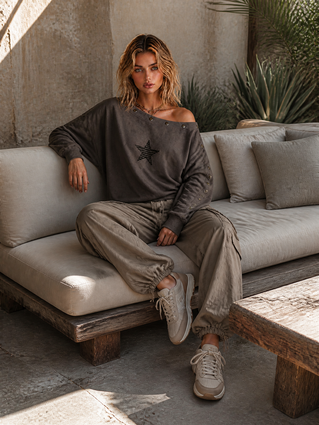 Sudadera Chic Casual Gris Carbón Off-Shoulder con Bordado de Estrellas y Manga Larga