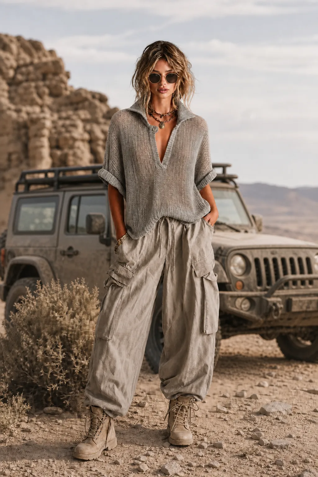 Top Suéter Chic Casual Gris Empolvado con Cuello Solapa y Botones en Malla