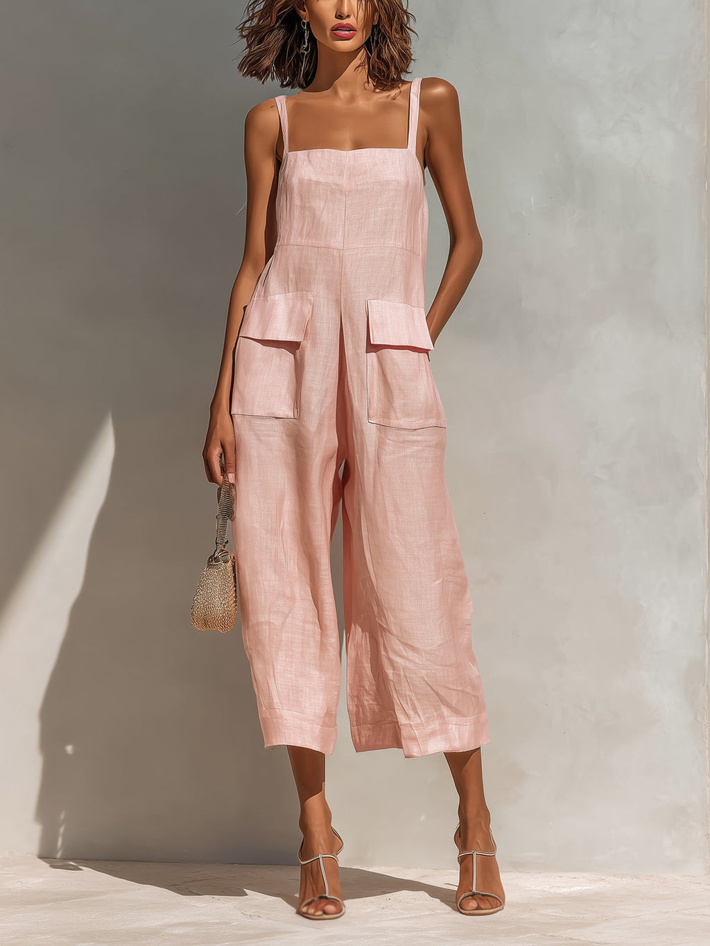 Mono Corto Chic Elegante Rosa de Algodón-Lino con Tirantes Finos y Pierna Ancha