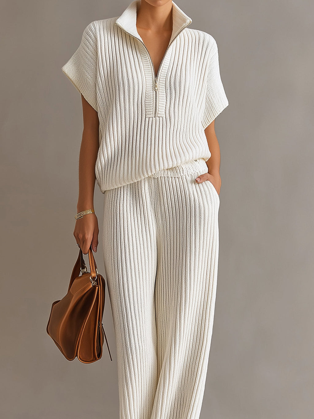 Set de Dos Piezas Chic Elegante Blanco Crema: Suéter Oversize con Cremallera y Pantalón de Pierna Ancha