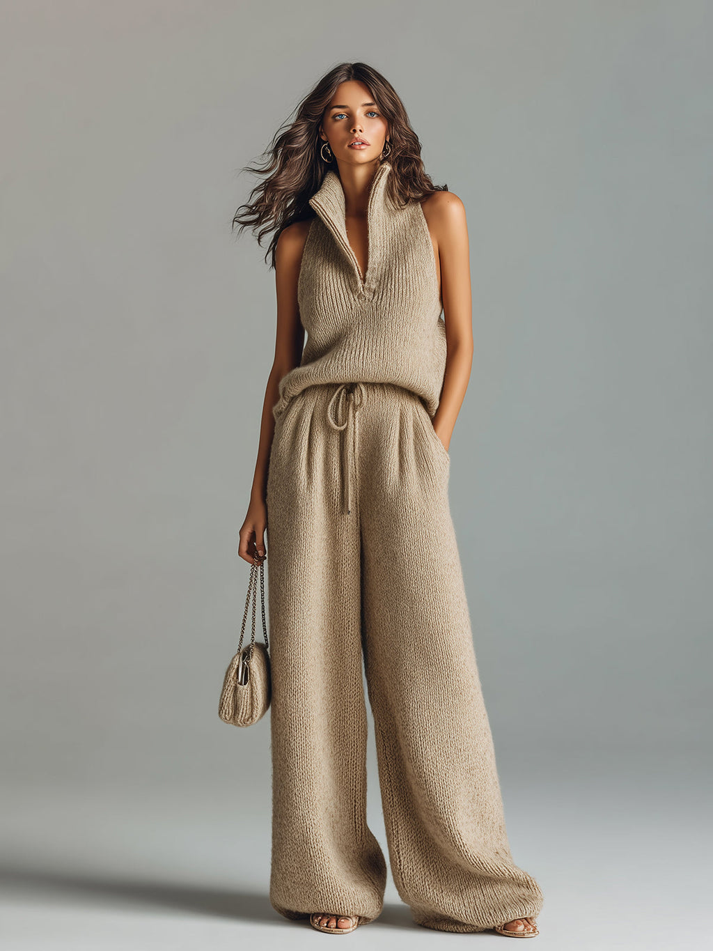 Set de Dos Piezas Chic Elegante: Suéter Camel con Cuello Alto en V sin Mangas y Pantalón de Pierna Ancha en Punto Acanalado