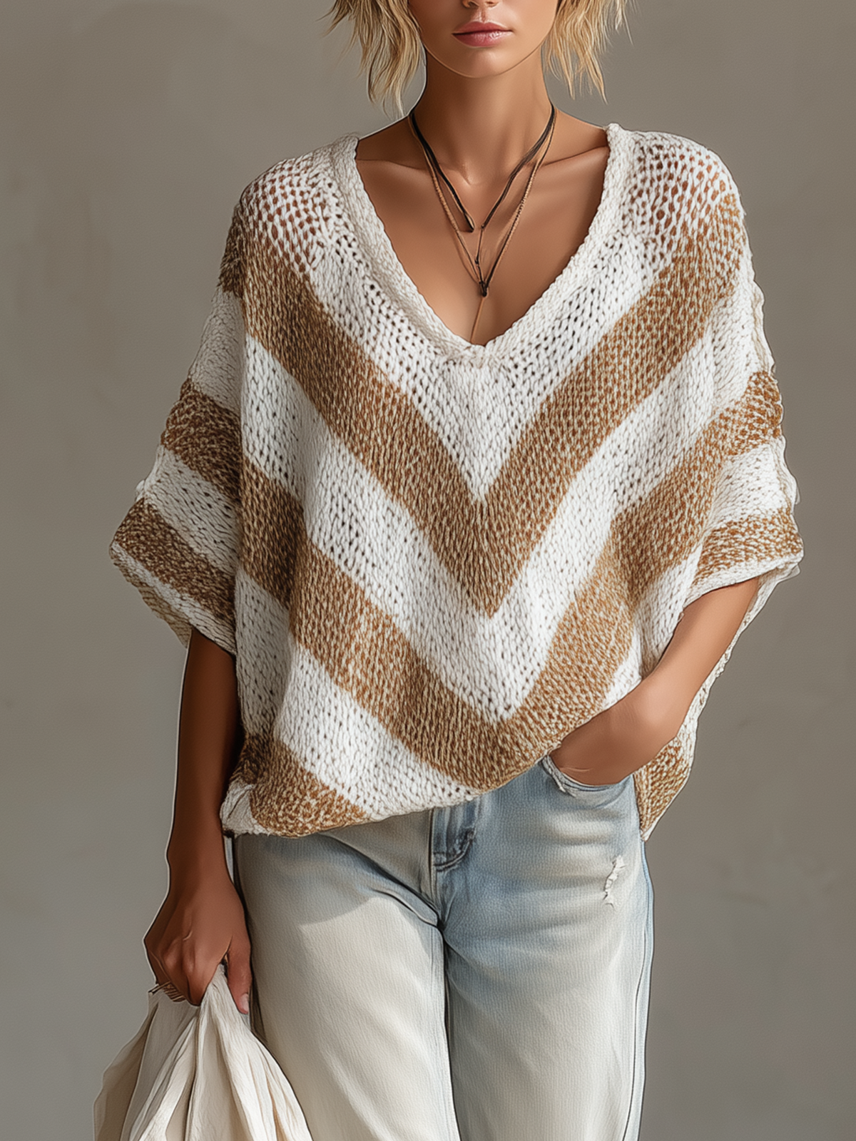 Suéter Chic Casual a Rayas Blanco y Beige con Cuello en V y Manga Corta