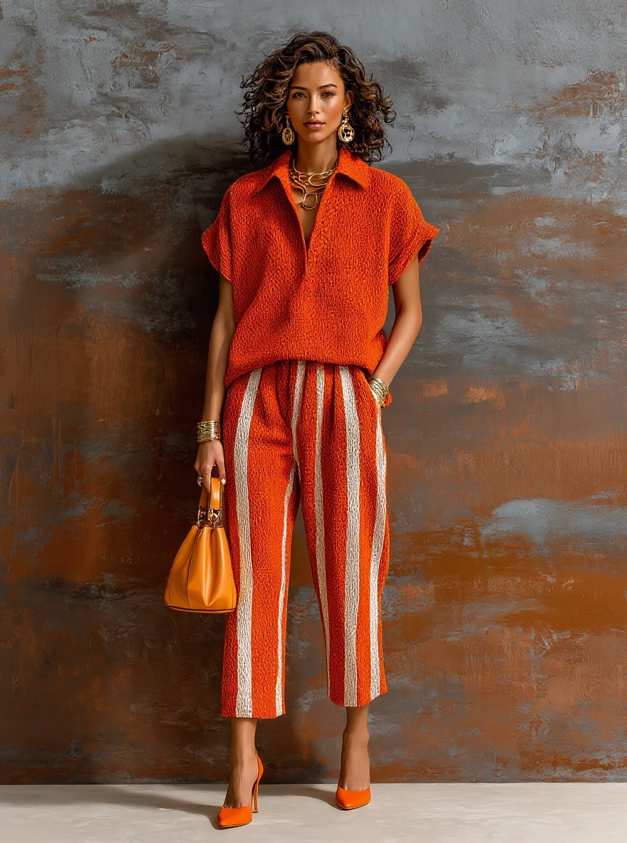 Set de Dos Piezas Chic Elegante Naranja y Blanco: Suéter Colorblock con Cuello en V y Pantalón Elástico