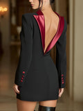 Vestido Blazer Negro con Ribete de Satén Burdeos y Espalda Descubierta
