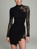 Mini Vestido Negro Asimétrico de Cuello Alto con Tul y Encaje de Manga Larga