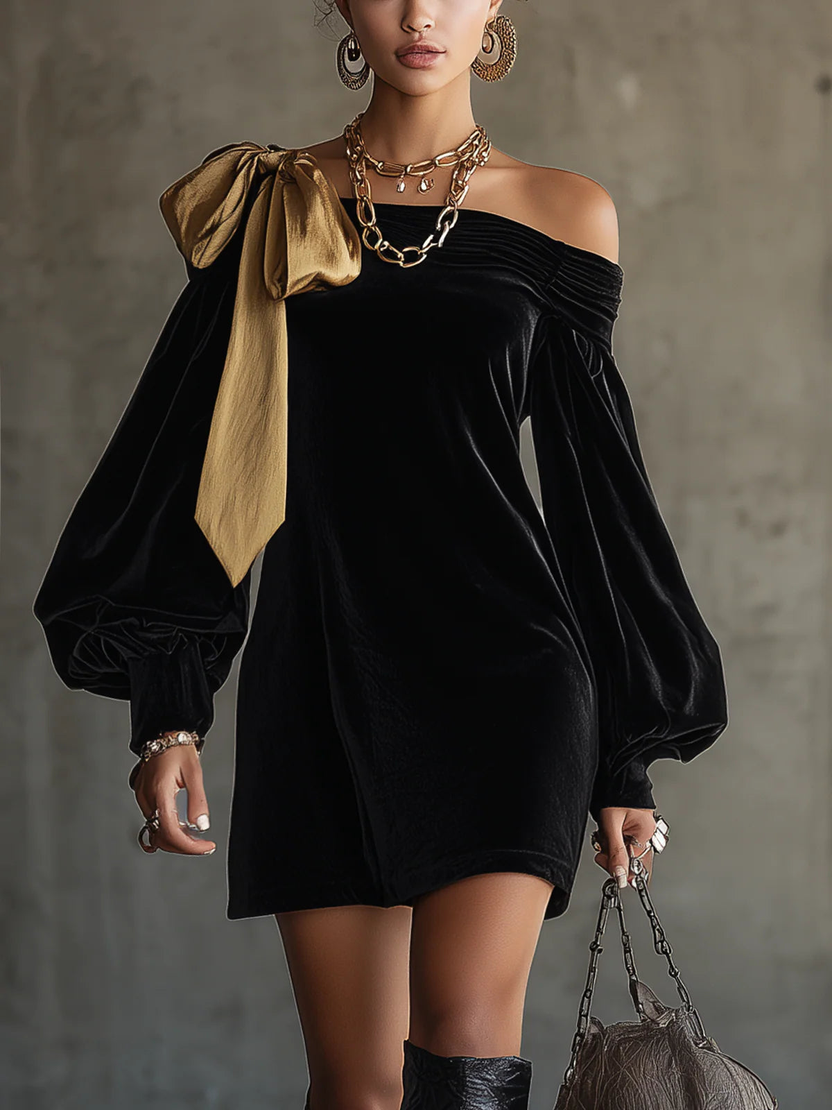 Mini Vestido Negro de Terciopelo y Satén Dorado Off-Shoulder