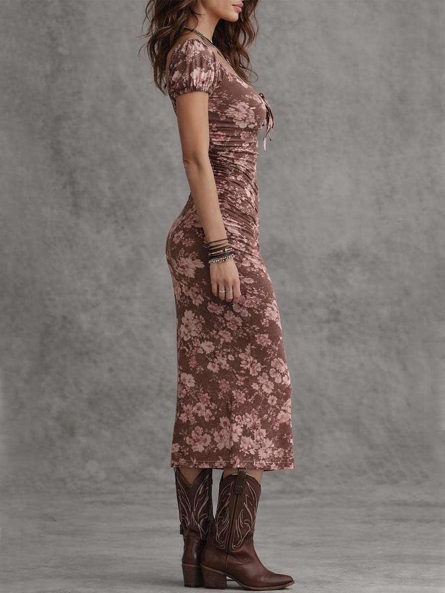 Vestido Midi Bodycon con Escote Corazón, Mangas Puff y Abertura