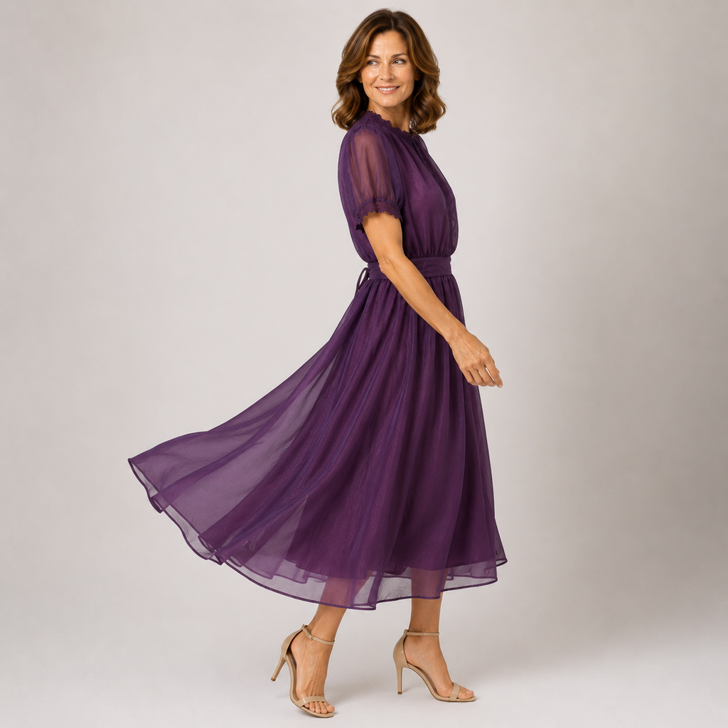 Flavia | Vestido Maxi de Chiffon con Escote Gota y Encaje