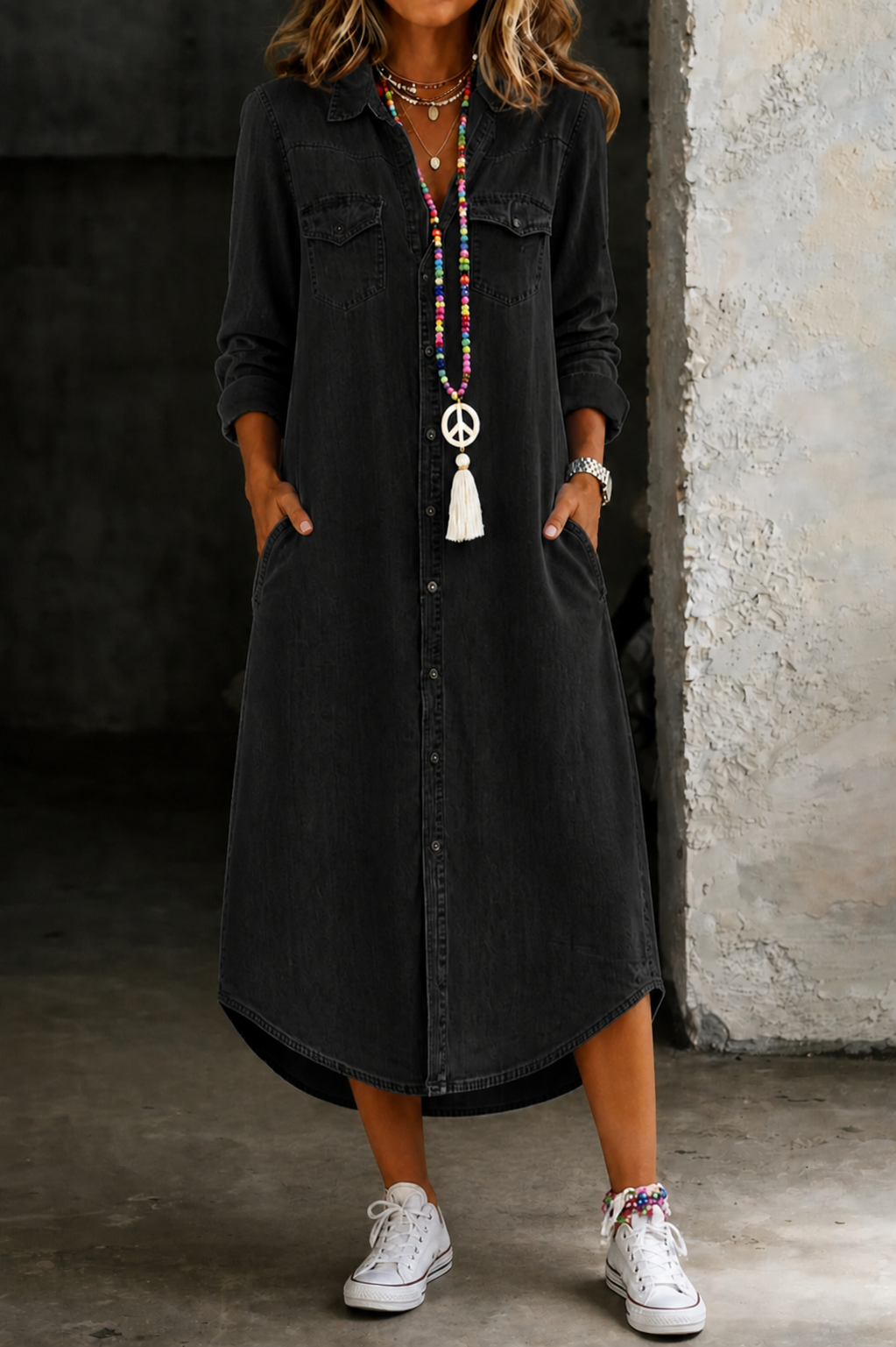 Helen | Vestido Camisero Largo de Mezclilla Casual Elegante