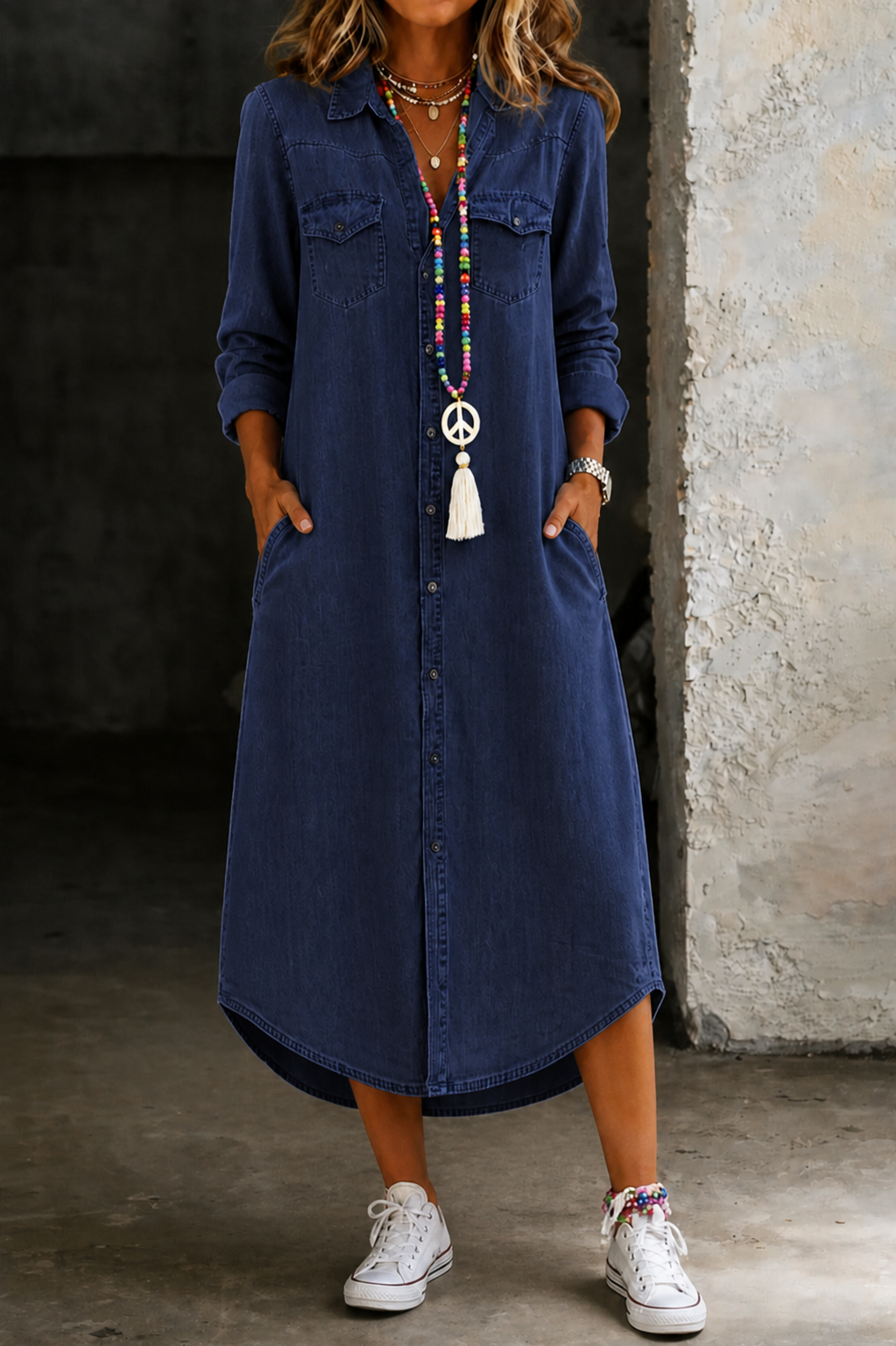 Helen | Vestido Camisero Largo de Mezclilla Casual Elegante