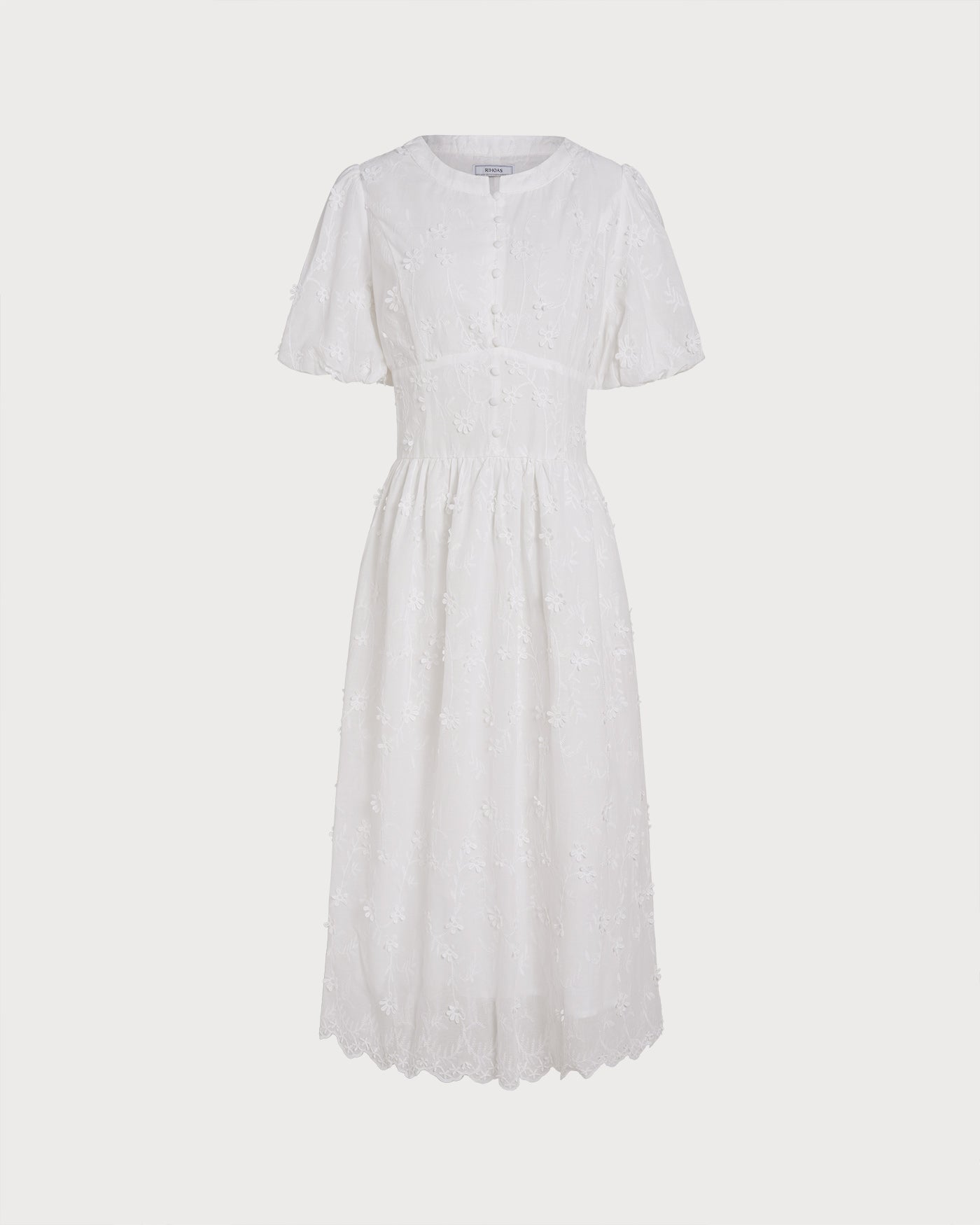 Vestido Midi Floral Blanco con Cuello Redondo