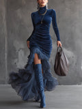 Vestido Maxi de Terciopelo Azul Oscuro Plisado con Volantes