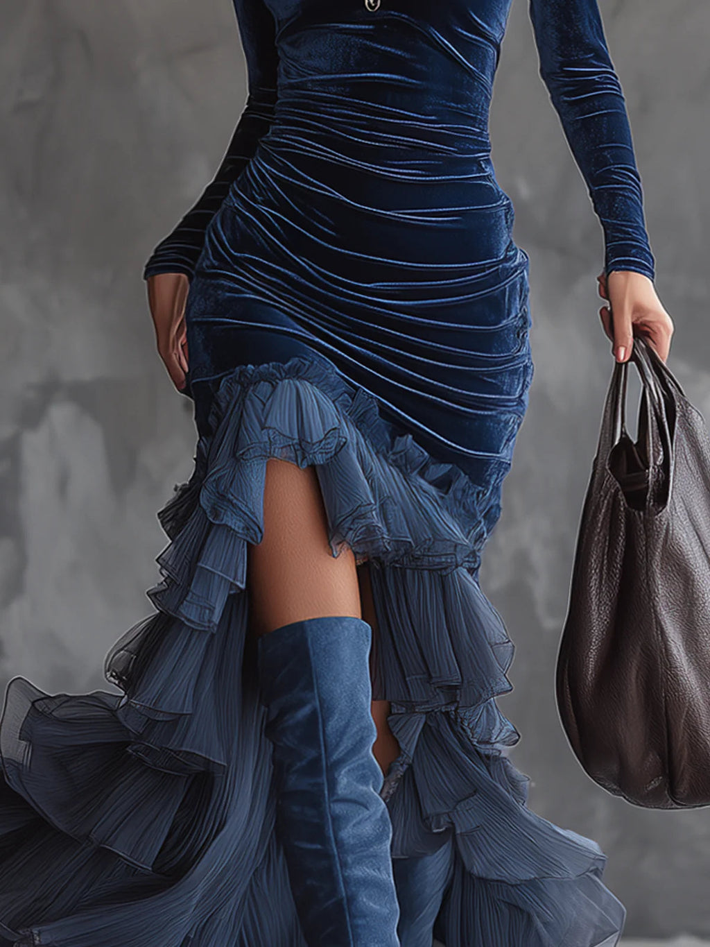 Vestido Maxi de Terciopelo Azul Oscuro Plisado con Volantes