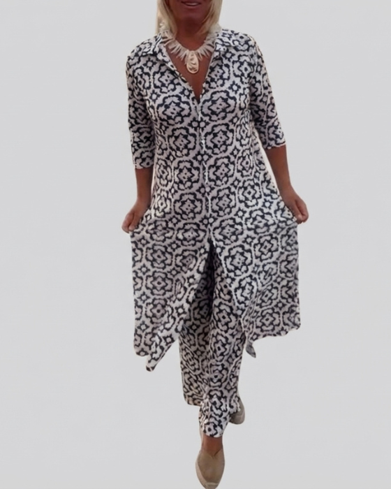 Sara | Conjunto Boho de Túnica con Estampado Geométrico y Pantalón Ancho