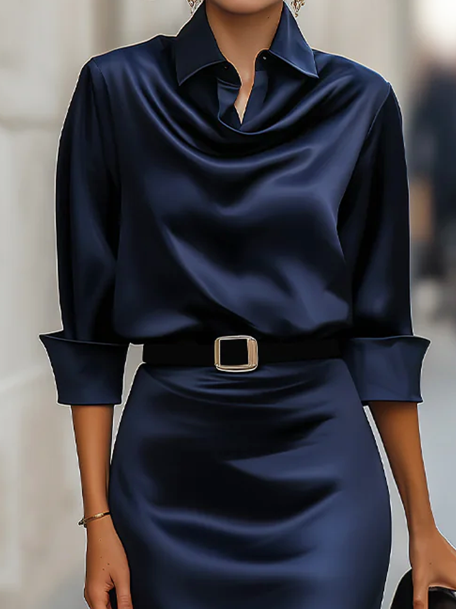 Vestido Liso hasta la Rodilla con Cuello de Camisa y Cinturón