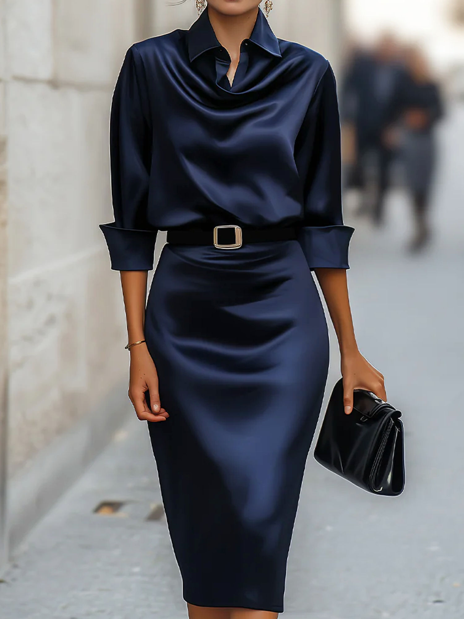 Vestido Liso hasta la Rodilla con Cuello de Camisa y Cinturón