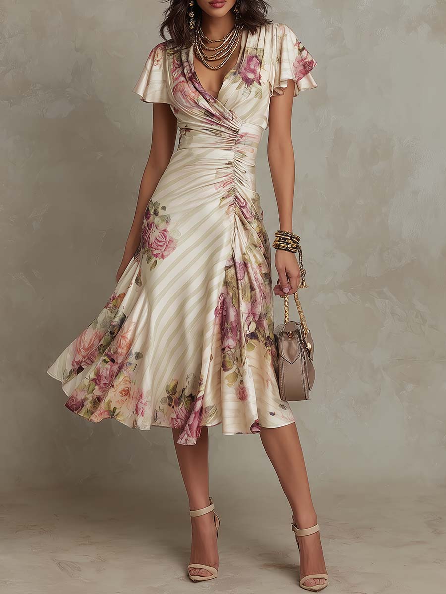 Alba | Vestido Midi Envolvente Fruncido Floral Elegante
