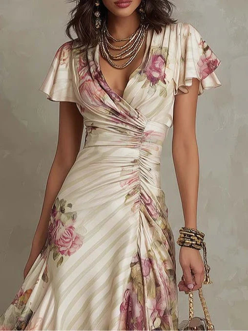 Alba | Vestido Midi Envolvente Fruncido Floral Elegante