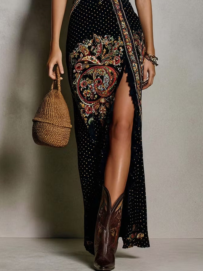 Vestido Boho Estampado con Escote en V Profundo y Abertura Alta