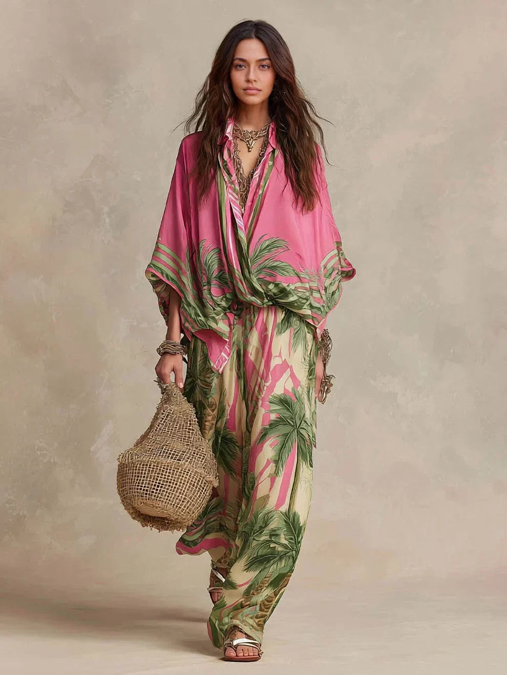 Conjunto Kimono de Dos Piezas con Estampado de Palmeras