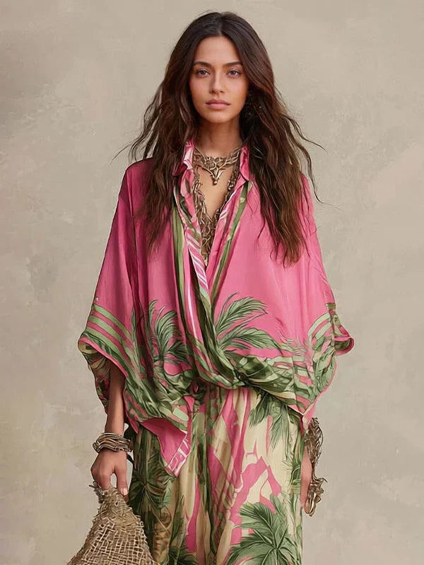 Conjunto Kimono de Dos Piezas con Estampado de Palmeras