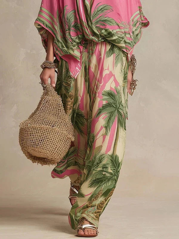 Conjunto Kimono de Dos Piezas con Estampado de Palmeras