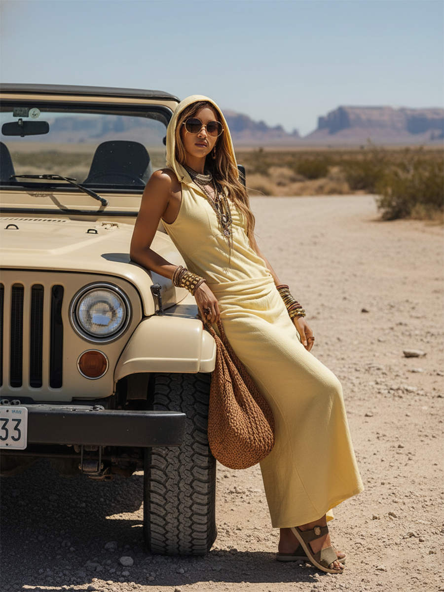 Vestido Maxi Amarillo Claro de Algodón-Lino con Capucha y Plisado Estilo Desierto Errante